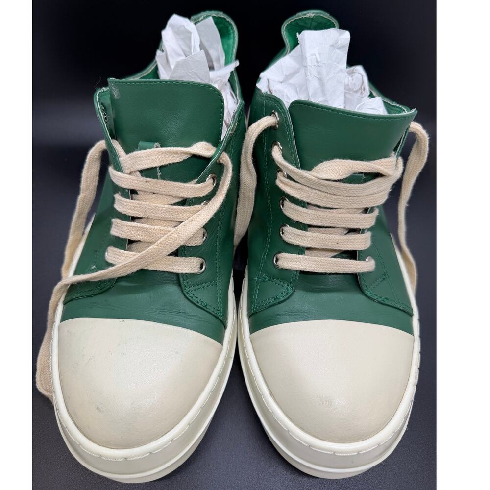 Rick Owens Mainline Green/White Leather Low Top Lace-Up Sneakers 37964 Size 10